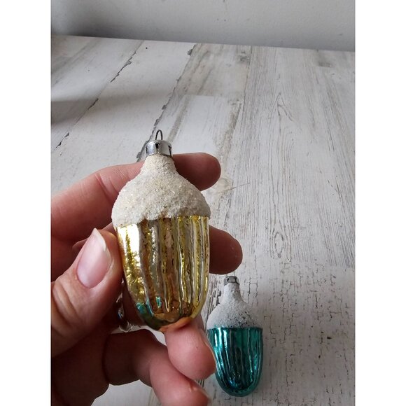 Antique acorn mercury glass ornament flocked set green yellow orange Xmas tree - Picture 8 of 10